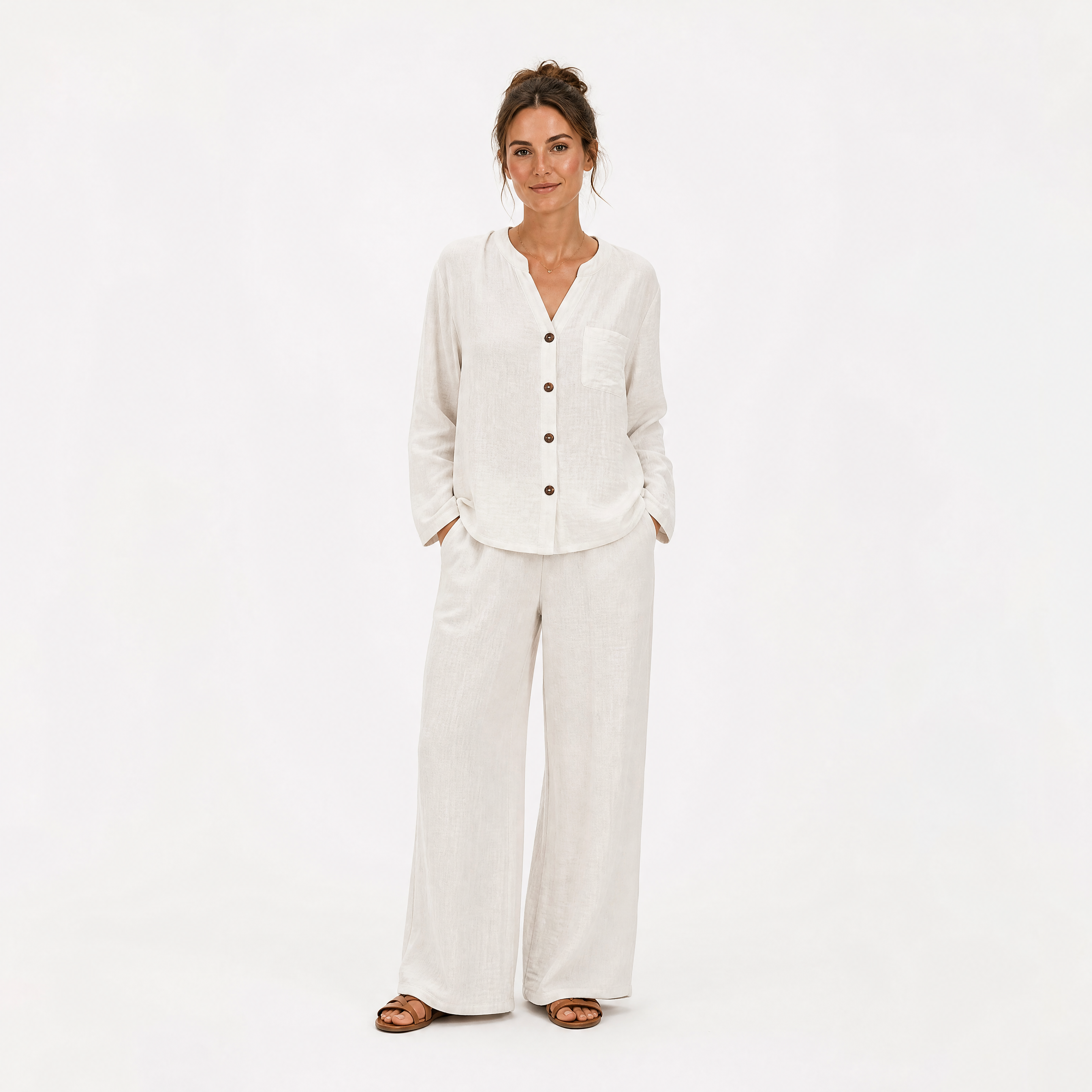 Damen Leinen Zweiteiler Weiß - Lockere Passform Sommer Freizeit Look - Rosesamour
