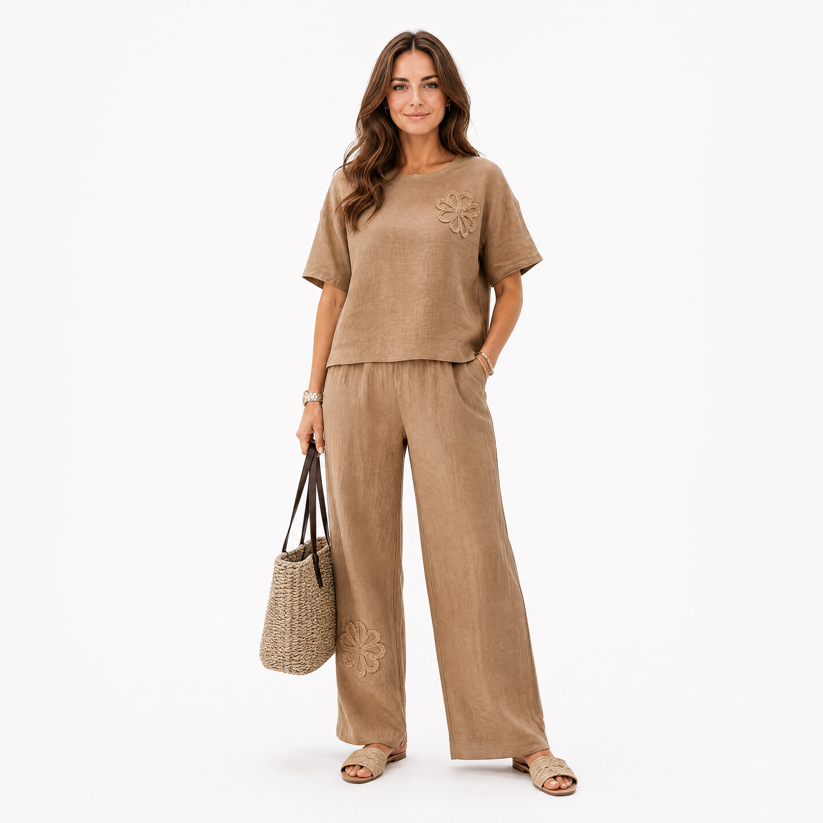 Damen Leinen Zweiteiler Khaki - Lockere Passform Sommer Freizeit Look - Rosesamour