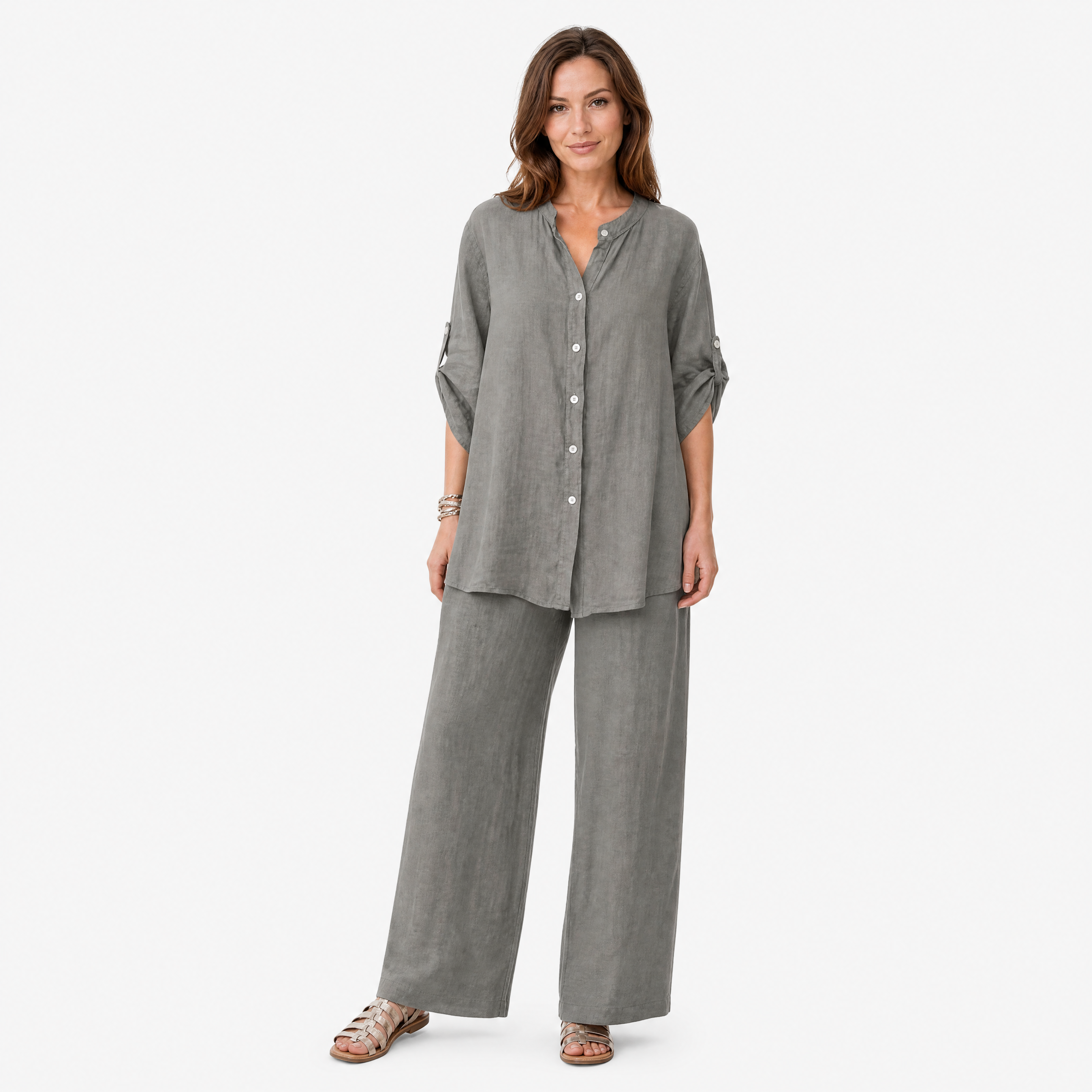 Damen Leinen Freizeit Set Grau - Lockere Passform Sommer Eleganz Look - Rosesamour