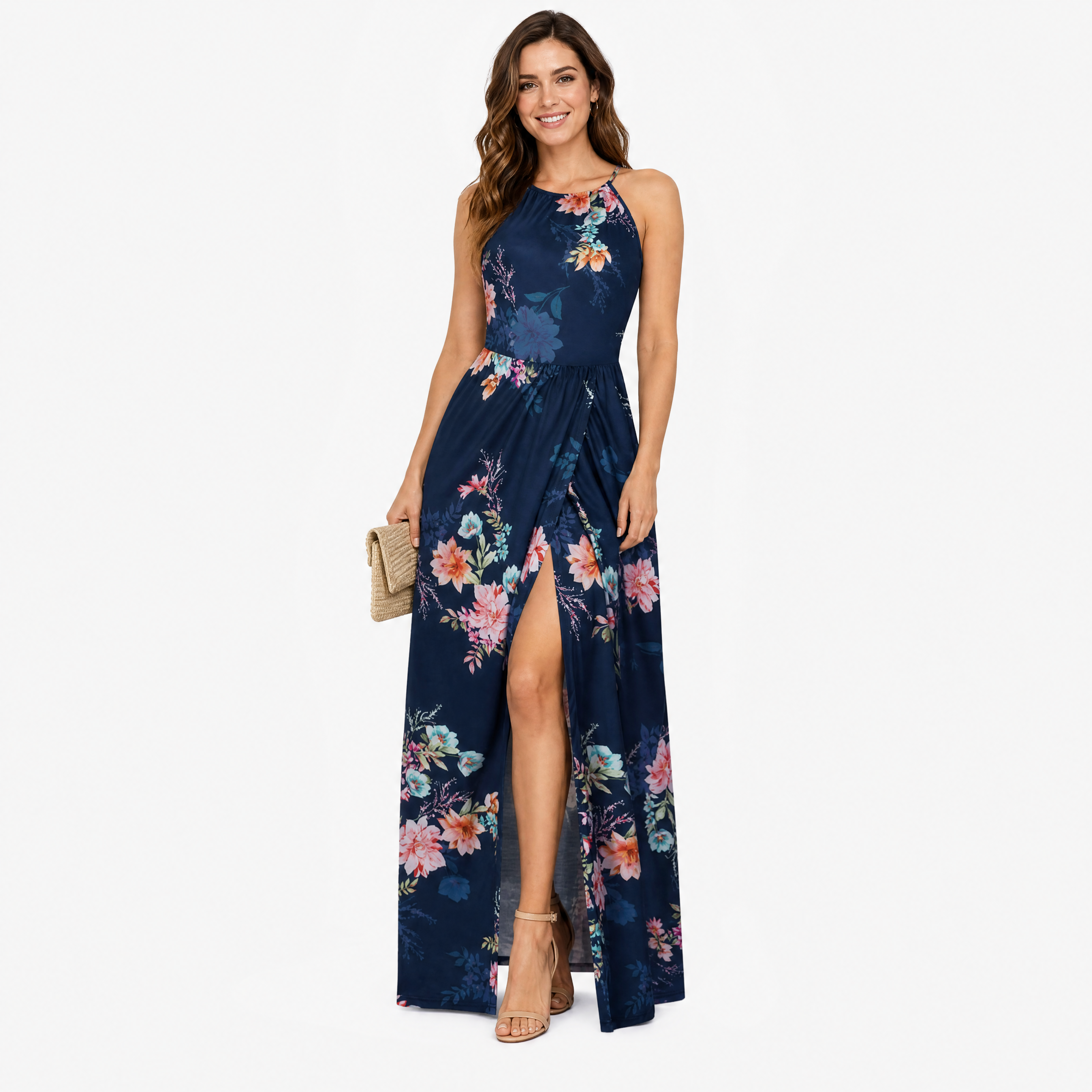 Damen Maxikleid Dunkelblau mit Blumenprint - Fließende Passform Sommer Eleganz Look - Rosesamour