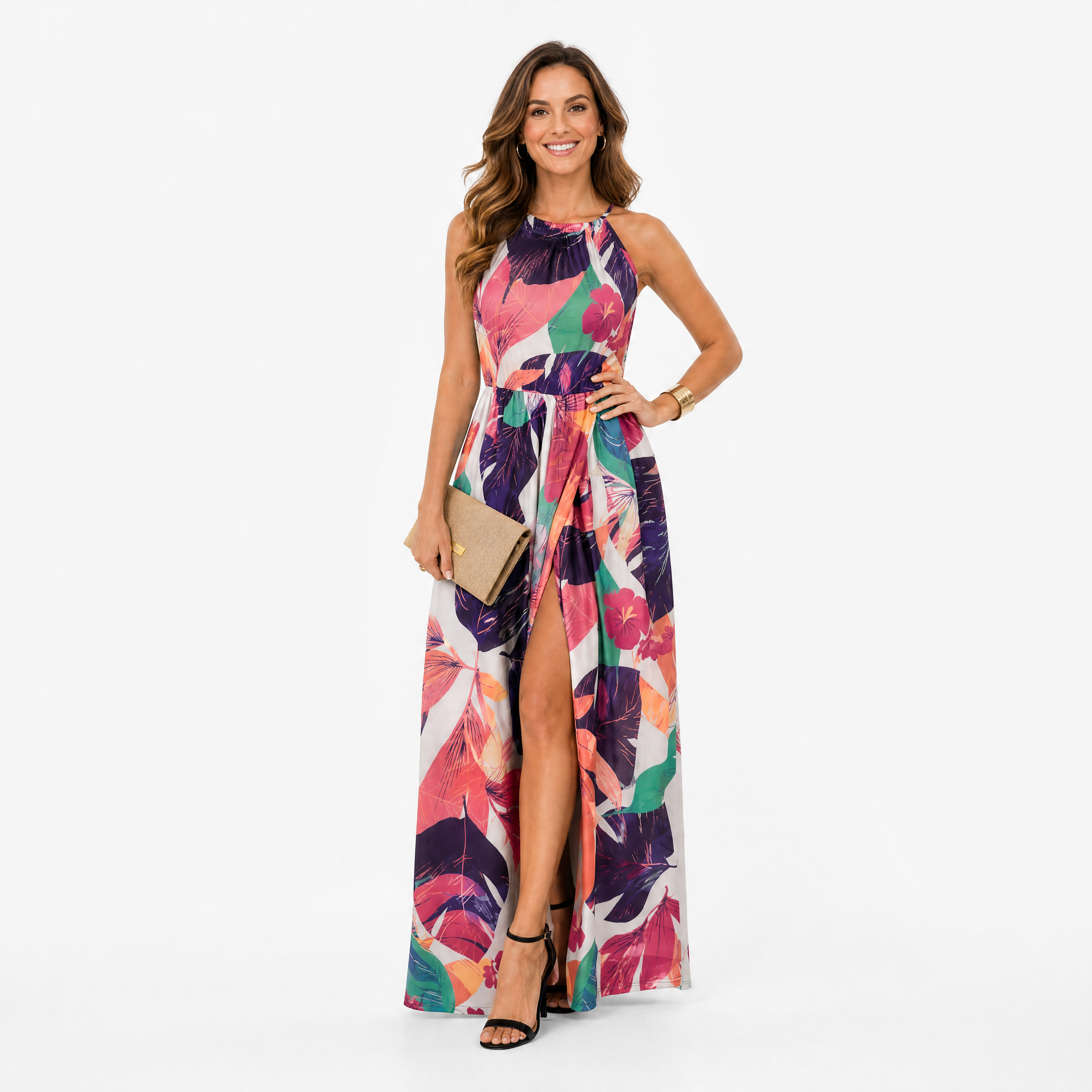Damen Maxikleid Bunt Tropisch - Fließende Passform Sommer Eleganz Look - Rosesamour