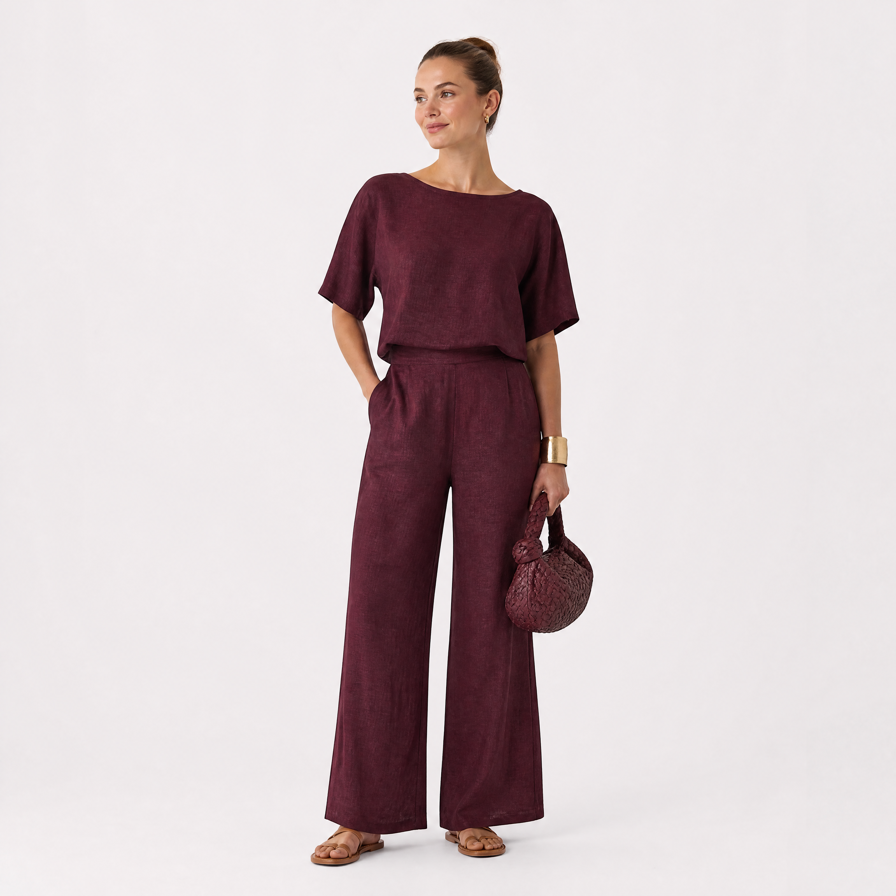 Damen Zweiteiler Bordeaux Sommer - Lockere Passform Eleganter Freizeit Look - Rosesamour