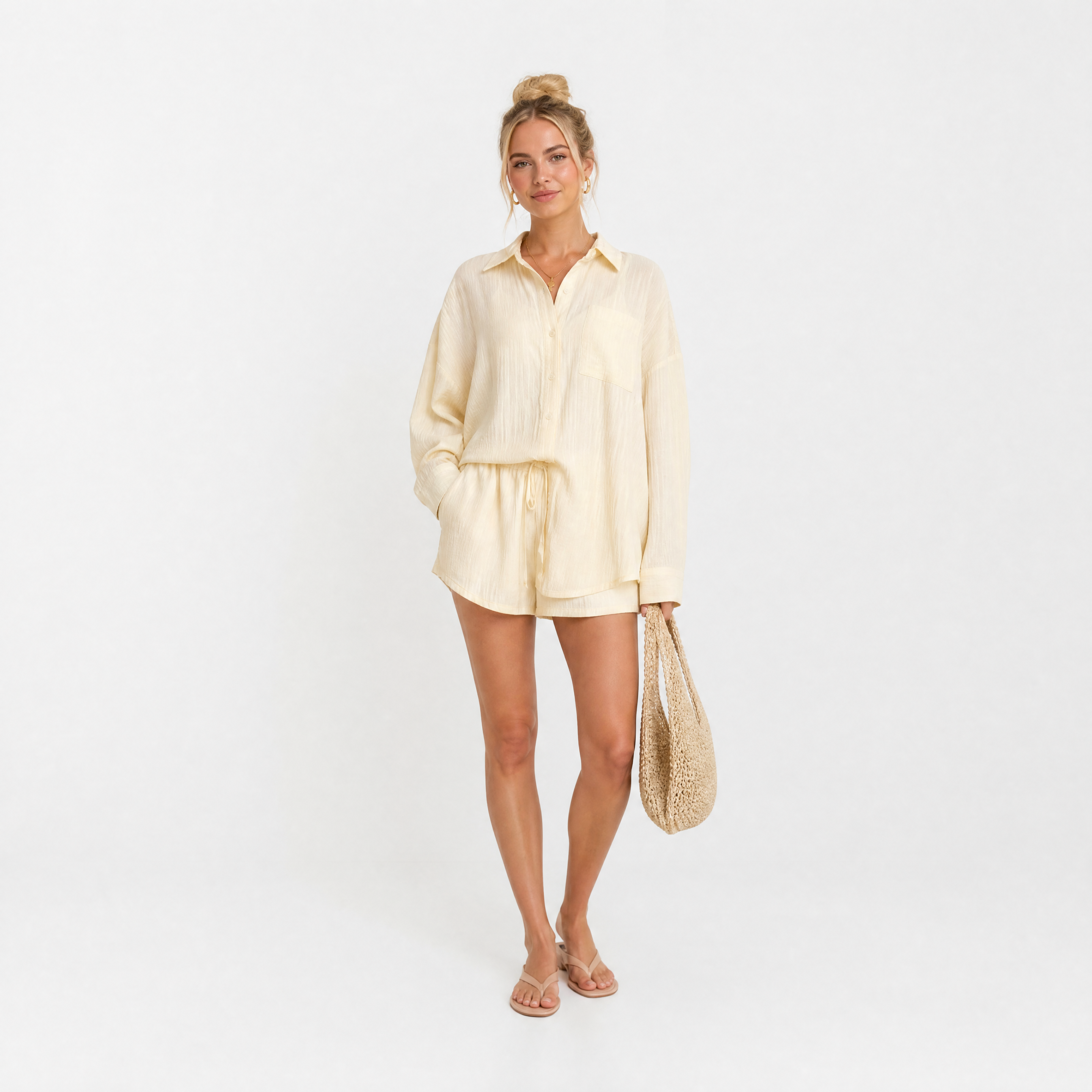 Damen Leinen Zweiteiler Gelb - Lockere Passform Sommer Freizeit Look - Rosesamour