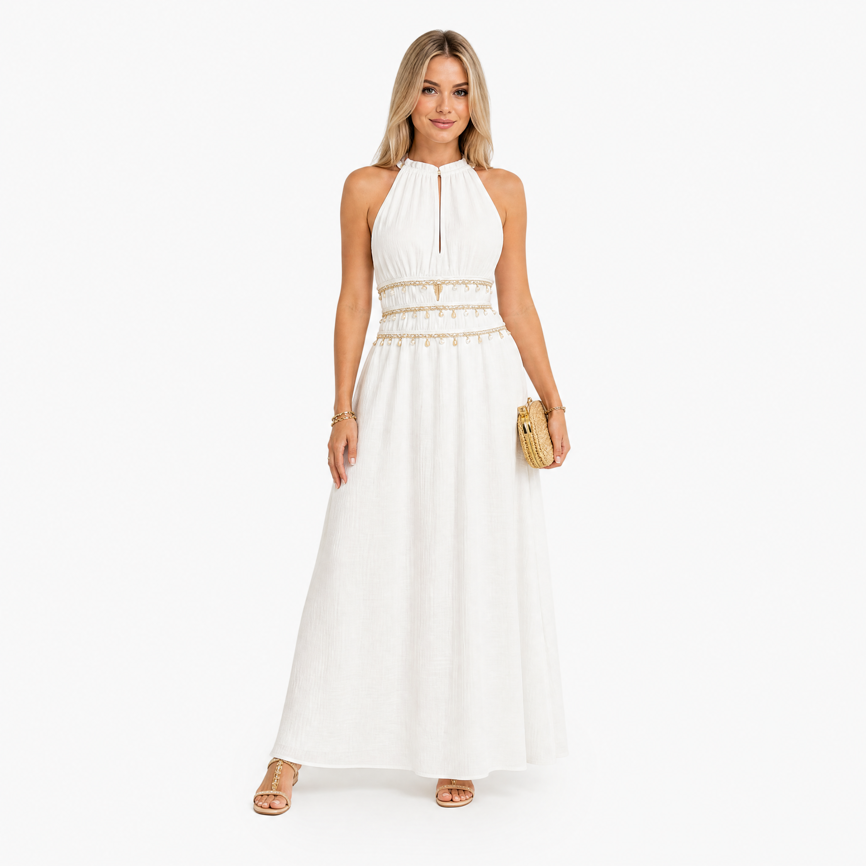 Damen Boho Maxikleid Weiß - Fließende Passform Sommer Eleganz Look - Rosesamour