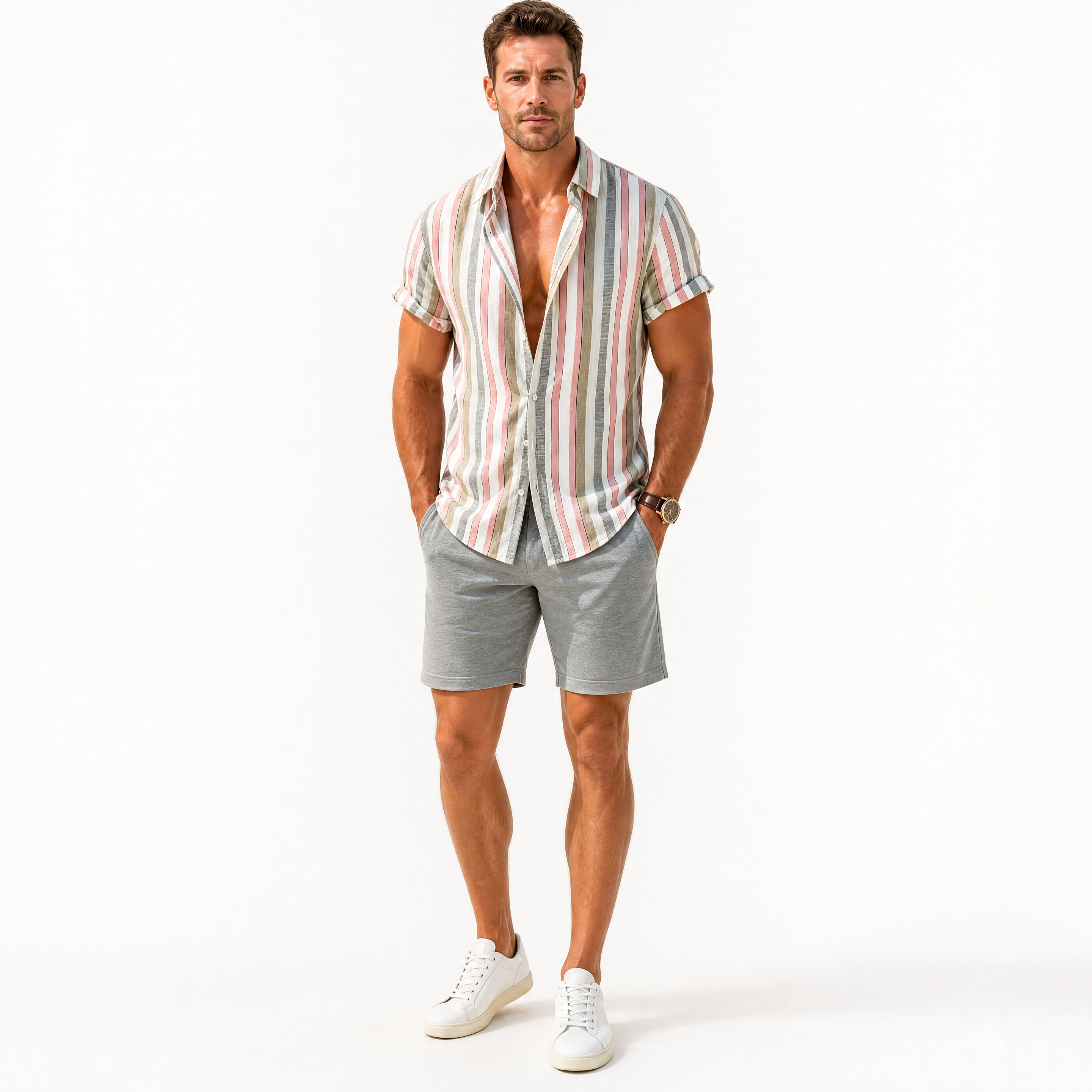 Herren Kurzarm Hemd Rosa Gestreift - Luftiger Sommer Look Lockere Passform - Rosesamour