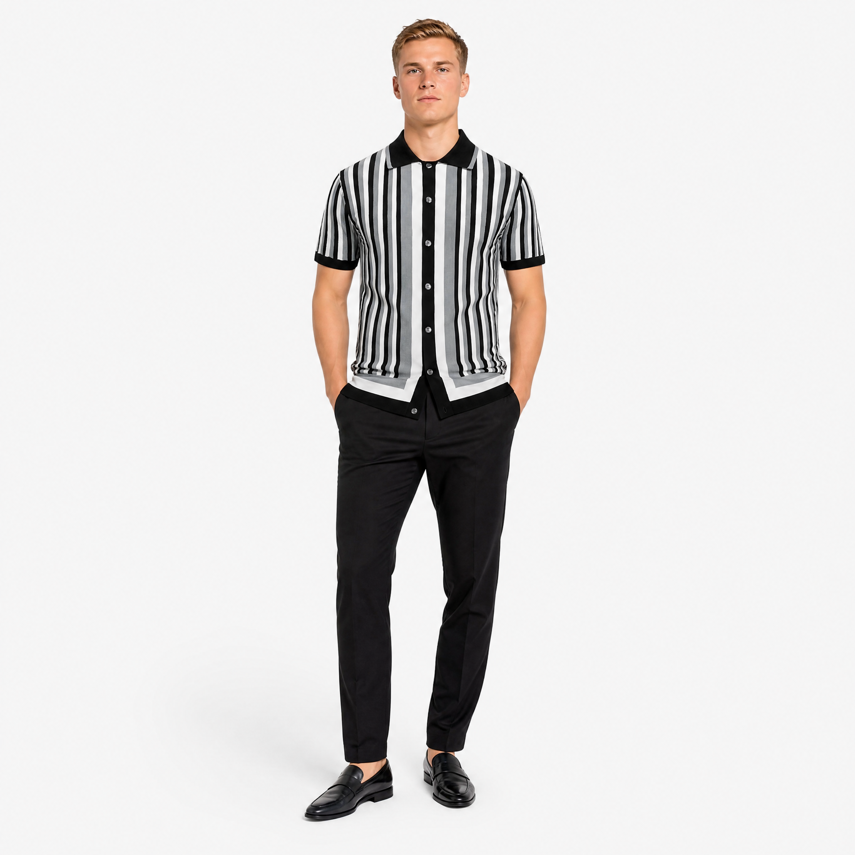 Herren Feinstrick Kurzarm Hemd Schwarz Gestreift - Moderner Sommer Look Lockere Passform - Rosesamour