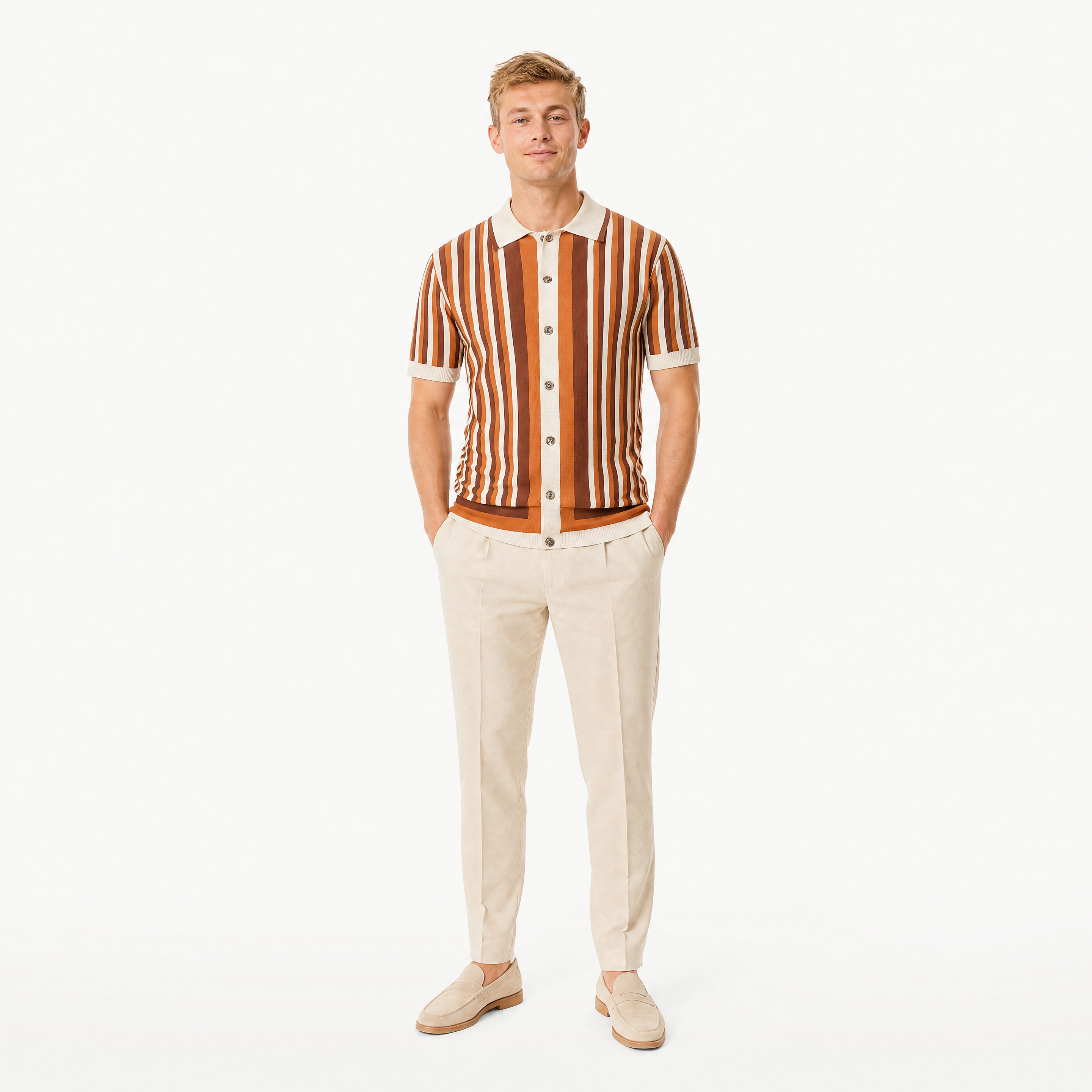 Herren Feinstrick Kurzarm Hemd Khaki Gestreift - Moderner Sommer Look Lockere Passform - Rosesamour