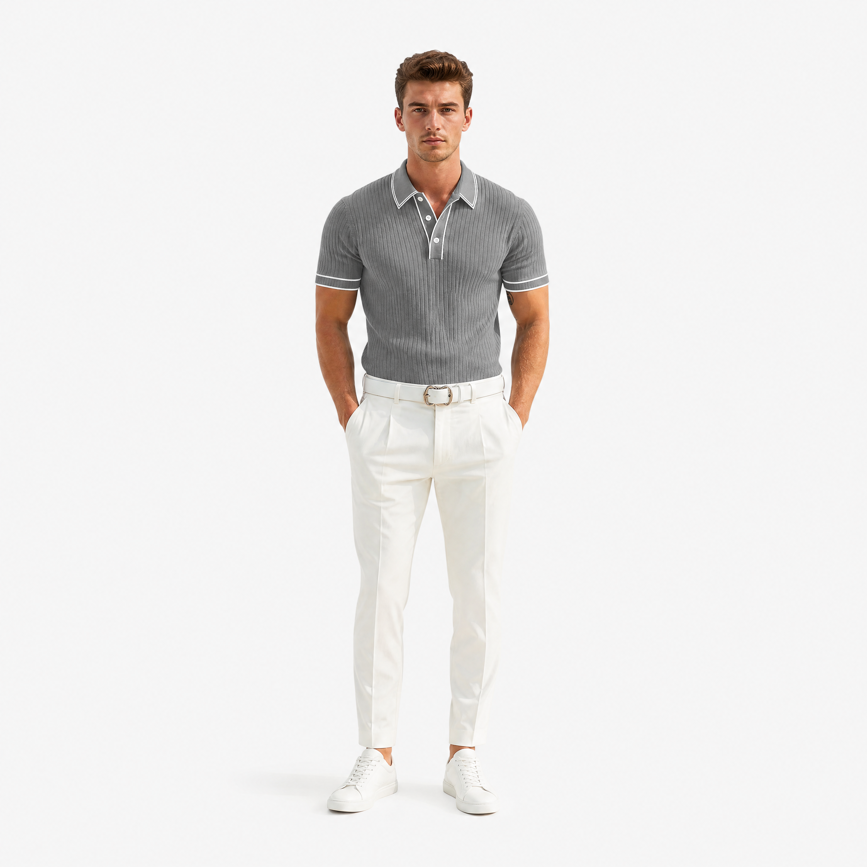 Herren Kurzarm Polo Hemd Grau Gerippt - Leichter Sommer Look Moderne Passform - Rosesamour