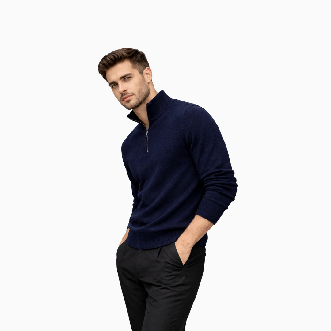Der Moderne Strickpullover Mit Reißkragen Blau